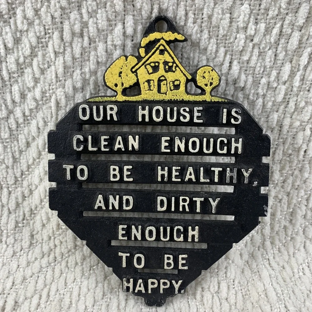 Vintage Cast Aluminum House Is Clean Metal Trivet Kitchen Decor White Black USA